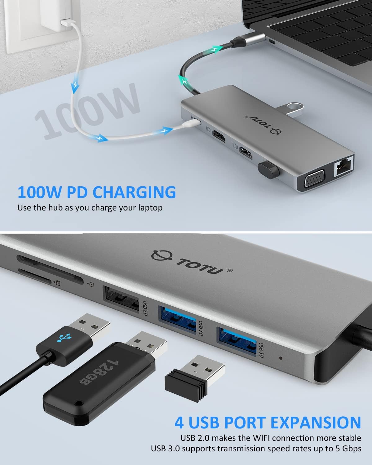 USB C Hub, TOTU 13-in-1 Type C Hub with Ethernet, 4K USB C to 2 HDMI, VGA, 2 USB 3.0, 2 USB 2.0, 100W PD, SD/TF Cards Reader