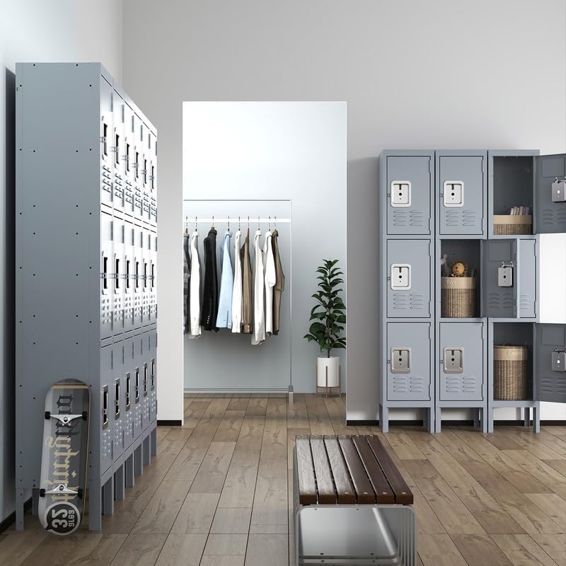 3 Doors Lockers for Employees, Steel Storage Lockers Lockable, Metal Locker Storage Cabinet for Home Office School Gym, Require Assembly (Grey)