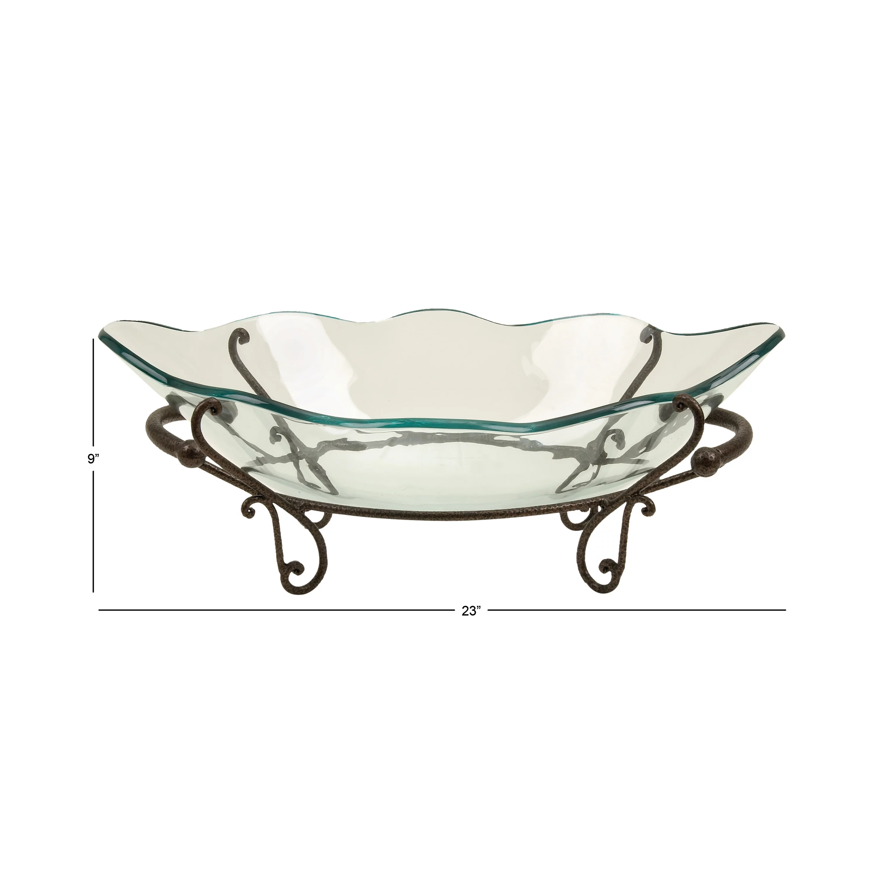 DecMode 23" x 9" Clear Tempered Glass Kitchen Serving Bowl with Brown Metal Scroll Base, 1-Piece