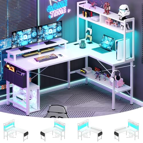 Aheaplus L Shaped Gaming Desk with Power Outlets & LED Lights, Small L- Shaped Desk Computer Corner Desk with Monitor Stand & Storage Shelf