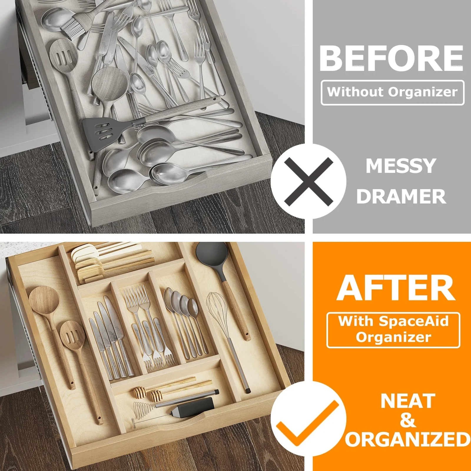 7 Slot 20x19Utensil/Tool/Junk Drawer Organizer Tray w/Divider (Natural Wood)