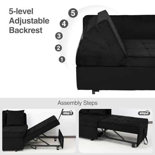 Sofa Bed 4-in-1 Convertible Pull Out Couch, Velvet Love seat Couch Sleeper Chair Bed with 2 Throw Pillow
