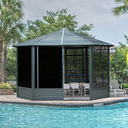 Domi 10' x 10' Hardtop Gazebo Outdoor Metal Gazebo with Galvanized Steel Double Roof Canopy, Curtains and Netting for Patio, Backyard, Deck