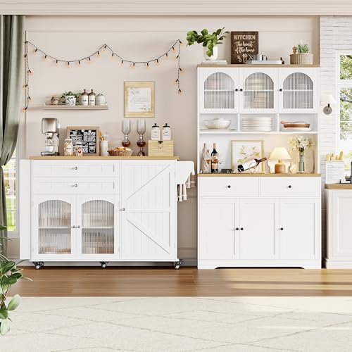 FINETONES Kitchen Island with Storage, Rolling Kitchen Island on Wheels with Wood Drop Leaf Countertop