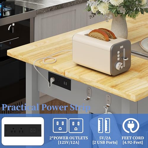 47.3" Solid Rubberwood Kitchen Island with Power Outlets - Extra Large Work Surface, 2 Drawers & Open Shelves Storage Cabinet for Kitchen Dining Room
