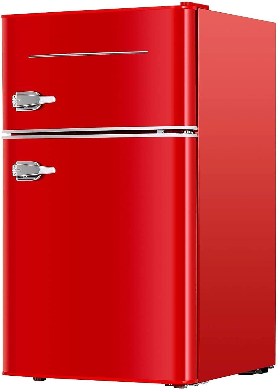 Retro Mini Refrigerator 3.2 Cu.Ft 2-Door Compact Refrigerator with Freezer for Dorm, Garage, Camper, Basement or Office,(Red)