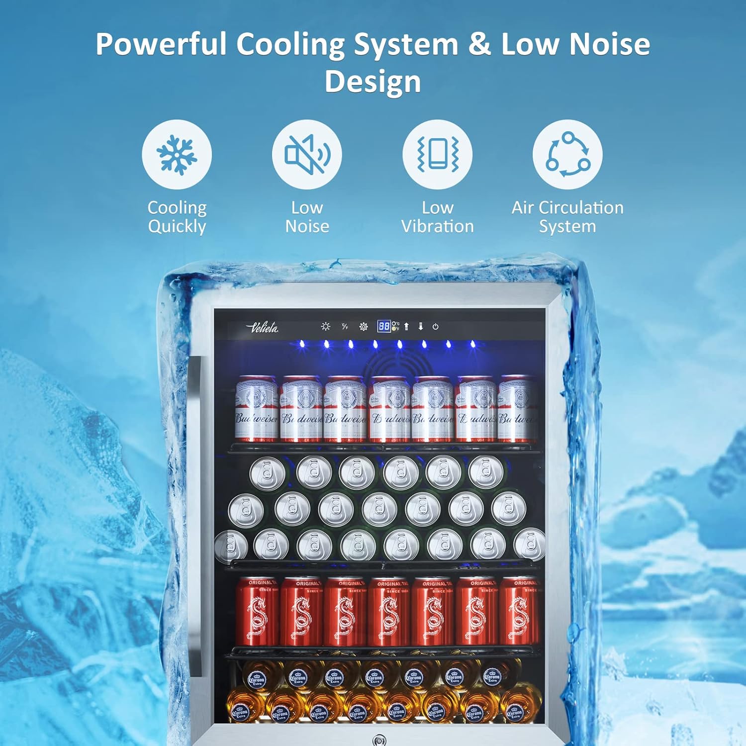 24 Inch Beverage Refrigerator Cooler,210 Cans Wide Beverage and Beer Fridge with Glass Door and Powerful Cooling Compressor