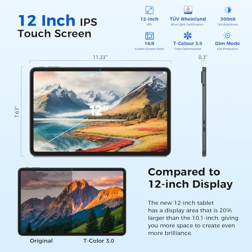 Tablet 12 inch Android 15 Tablets, 24GB（8+16）RAM+256 Storage(Expand to 1TB), Android Tablet with Keyboard, Octa-Core, 2K 2000x1200 Display