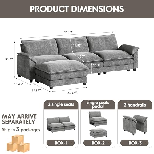 Homall 119" Modular Sectional Sofa, L Shaped Sofa Couch with Reversible Ottoman, DIY Combination Chenille Deep 3-Seat Cloud Couch for Living Room