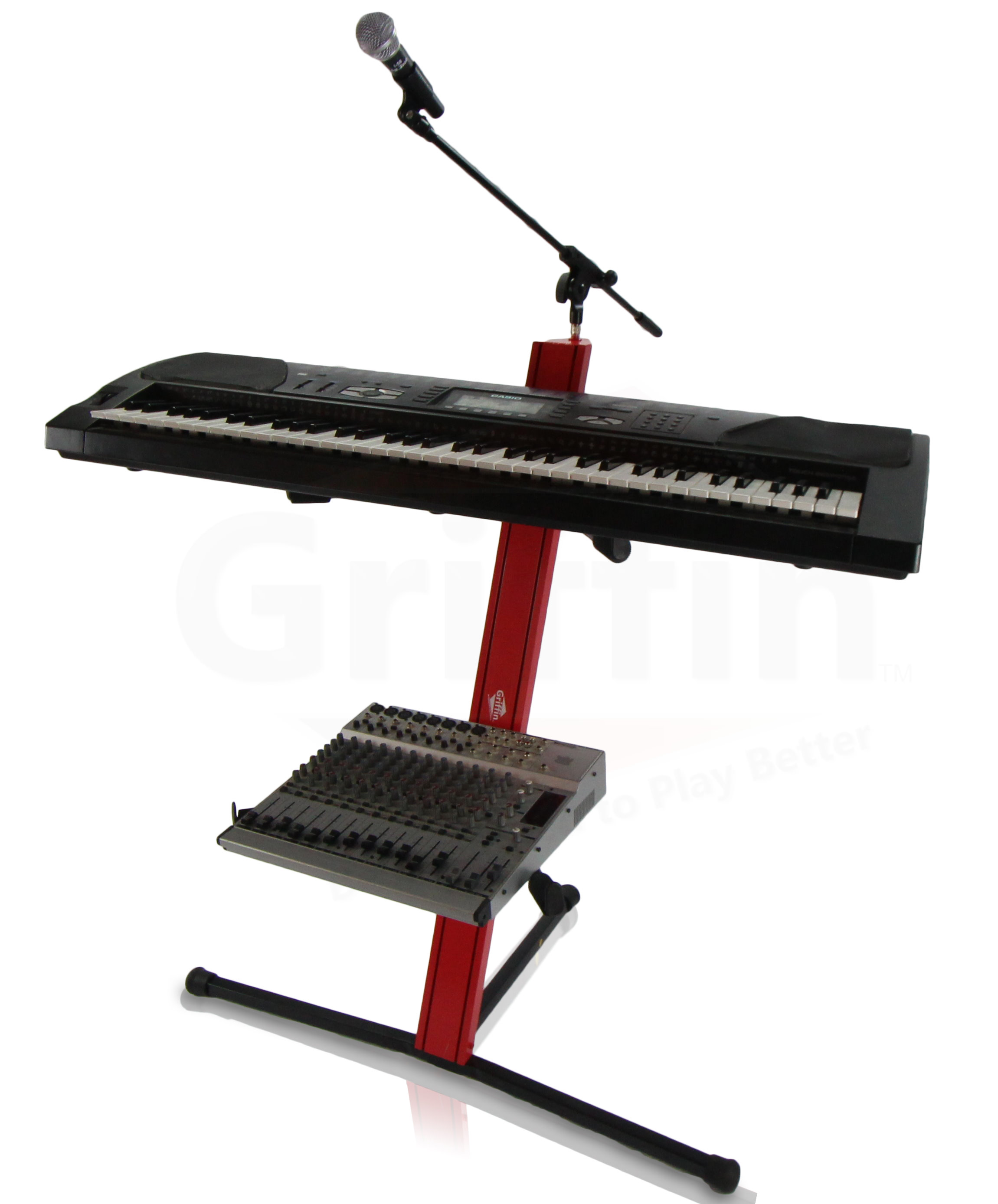 2-Tier Column Keyboard Stand with Mic Boom Arm by Griffin Double Sliding Multi Mounting Platform Red Stage Tower Rack Holder for Digital Piano