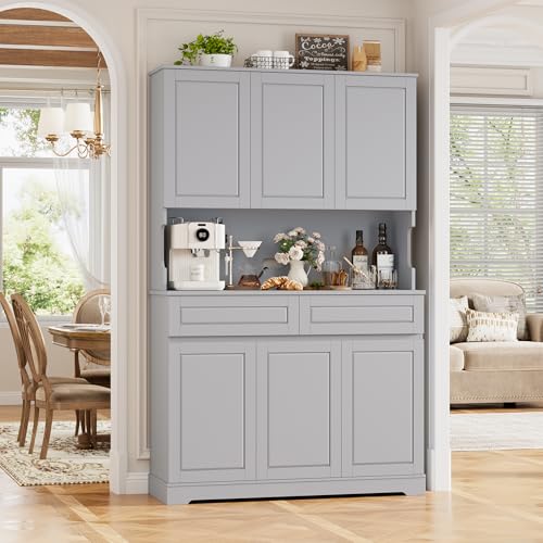 74" Pantry Cabinet, Tall Kitchen Pantry Cabinet with 6 Doors and 2 Drawers, Kitchen Hutch with Wide Countertop