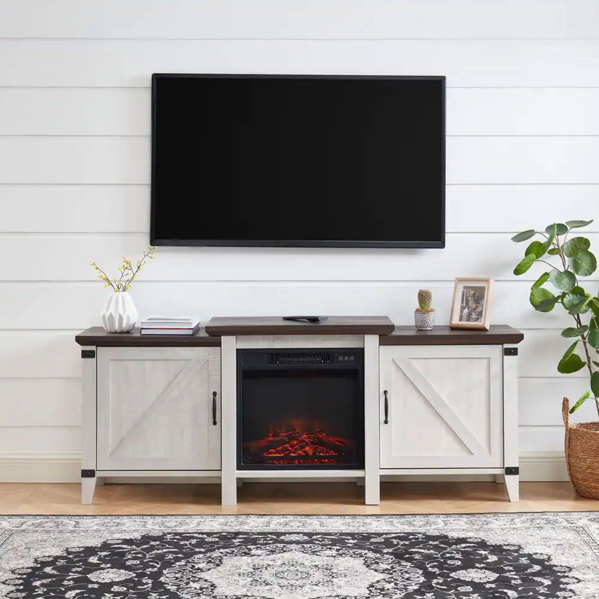 Edyo Living Freestanding Wooden Electric Fireplace TV Stand Console, Grey
