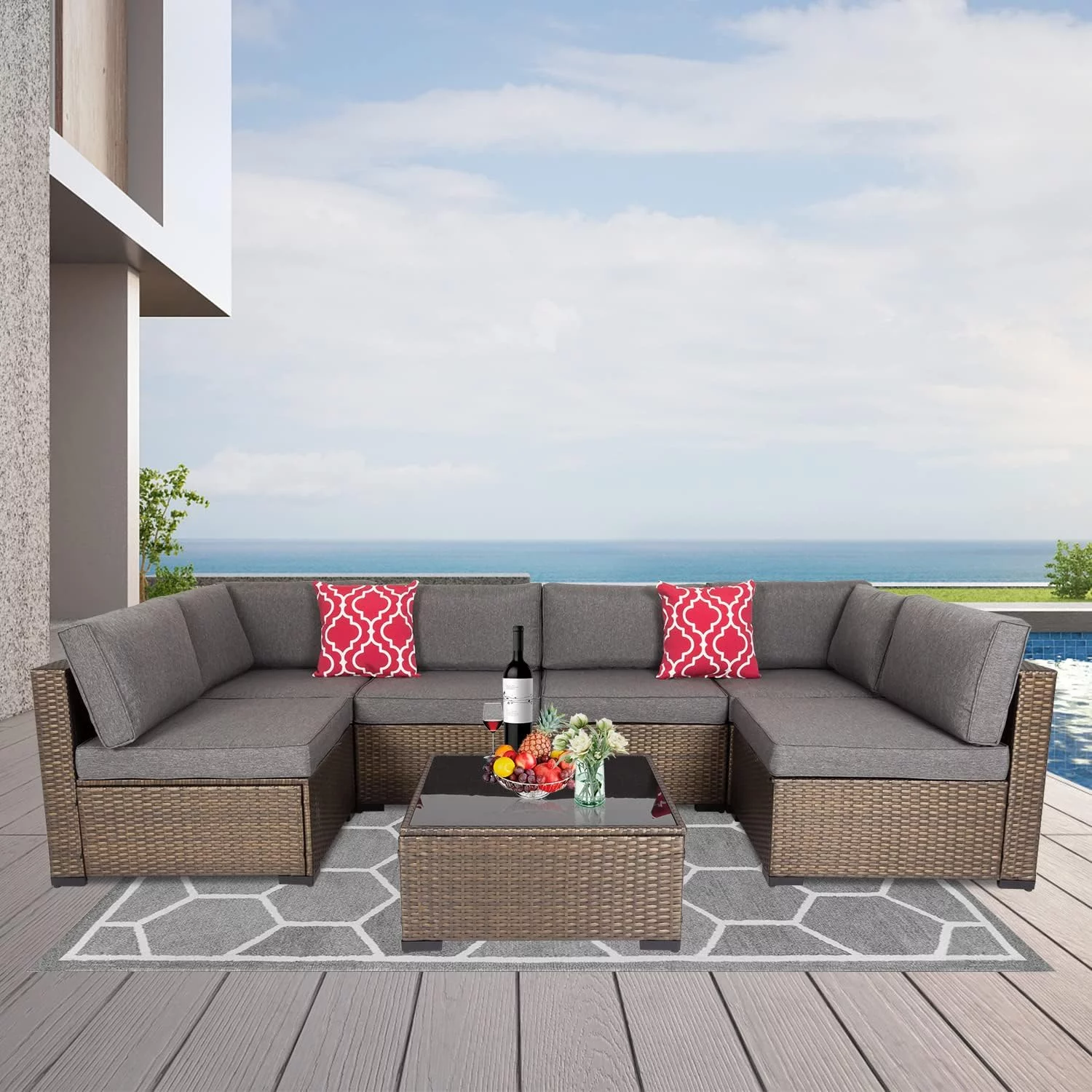 Kinbor 7pcs Outdoor Patio Furniture Set Wicker Sectional Sofa with Gray Cushions - Radiant Selections
