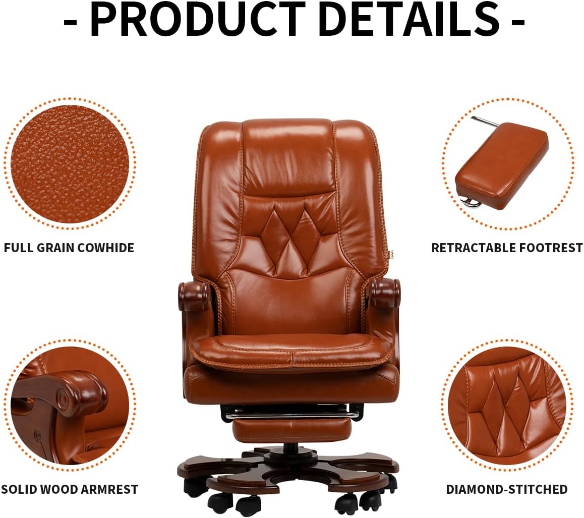 Kinnls Evan Massage Office Chair with Footrest Genuine Leather Vintage Managerial Executive Chair Fully Reclining with Solid Wood Handrail