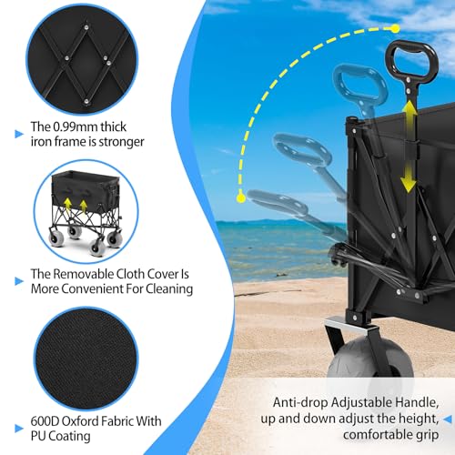 Beach Wagon with Big Wheels for Sand,Heavy Duty Collapsible Wagon with All-Terrain 9" Pneumatic Tires and Detachable Cooler
