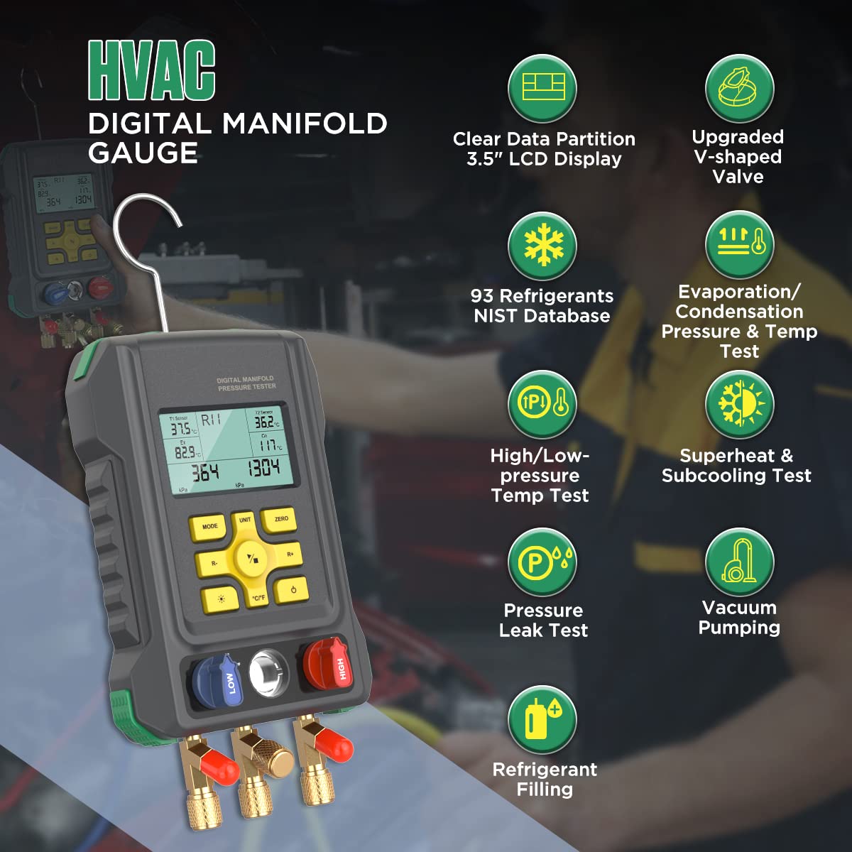HVAC Gauges 93 Refrigerant Detection Digital Manifold Gauge Set HVAC Pressure&Temp Test HVAC Manifold Upgraded Ball Valve Digital Refrigerant Gauges