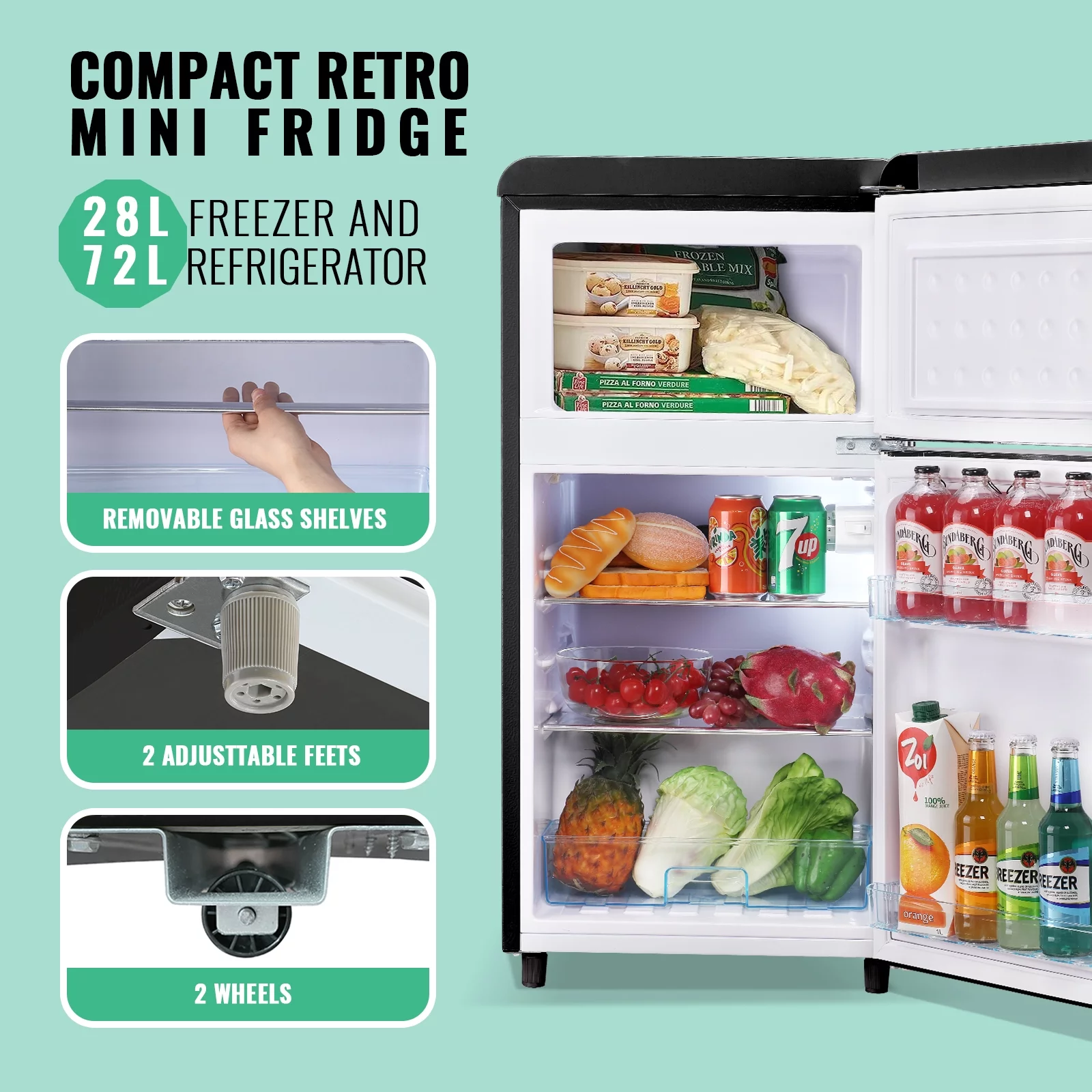 DEMULLER Mini Refrigerator Dual Door Fridge with Handle 7 Speed Temperature Control YX-100-Black