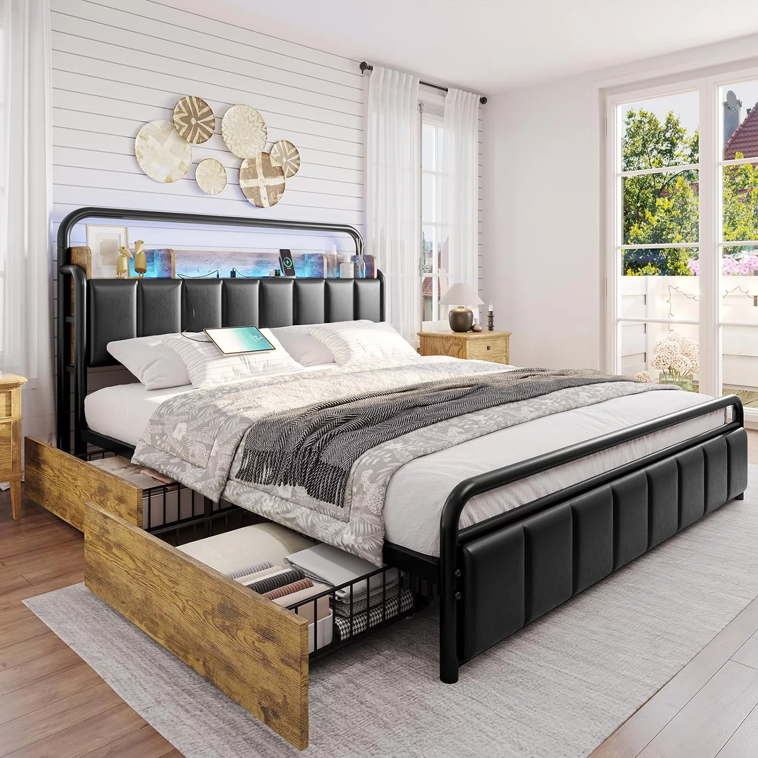 Queen LED Bed Frame with 4 Storage Drawers & Charging Station, Upholstered Headboard with Shelf & Hidden Storage Space, Heavy Steel Slat Support