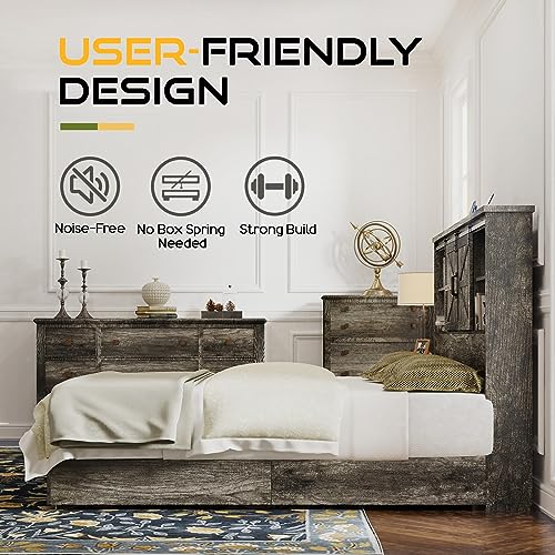 HOWE King Size Bed Frame, Wood Platform Bed Frame with 51.2" Bookcase Headboard, Storage Bed with Sliding Barn Door Charging Station 2 Drawers