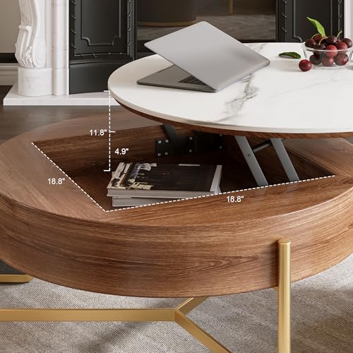 Lift Top Coffee Table with Storage, Round Center Table with Hidden Storage and 3 Upholstered Nesting Ottomans, Space-Saving Design, Brown+Grey