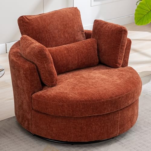 Aoiy & Wifon 42.2" W Oversized Swivel Barrel Chair with Ottoman, Upholstered Round Accent Chair with Storage Ottoman, Chenille, Beige