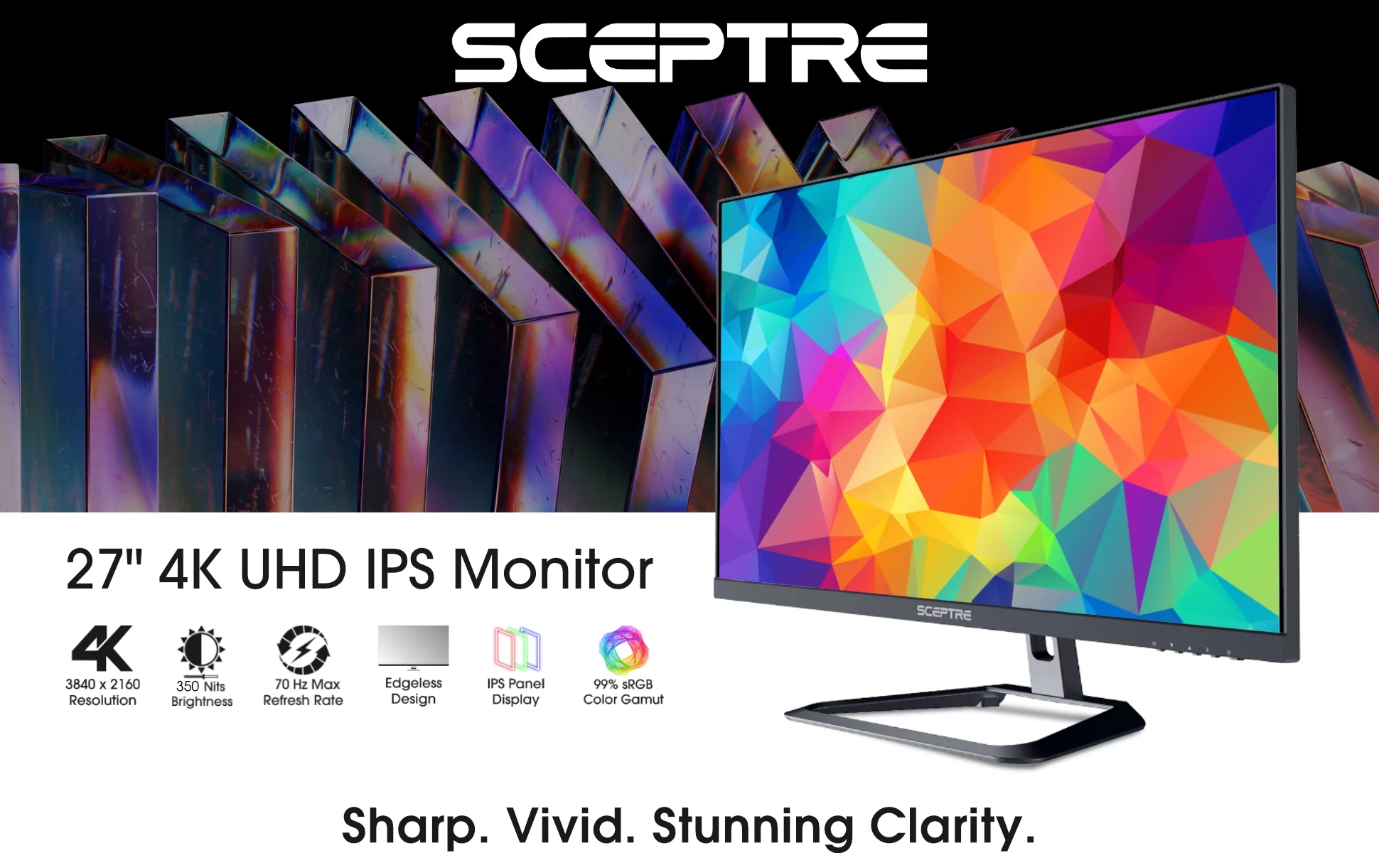 Sceptre 4K IPS 27" 3840 x 2160 UHD Monitor up to 70Hz DisplayPort HDMI 99% sRGB Build-in Speakers, Machine Black (U275W-UPT)