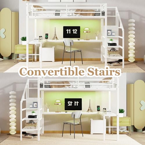 Bellemave Full Size Metal Loft Bed with L Shaped Desk and Wardrobe, Heavy Duty Loft Bed Frame with Storage Stairs