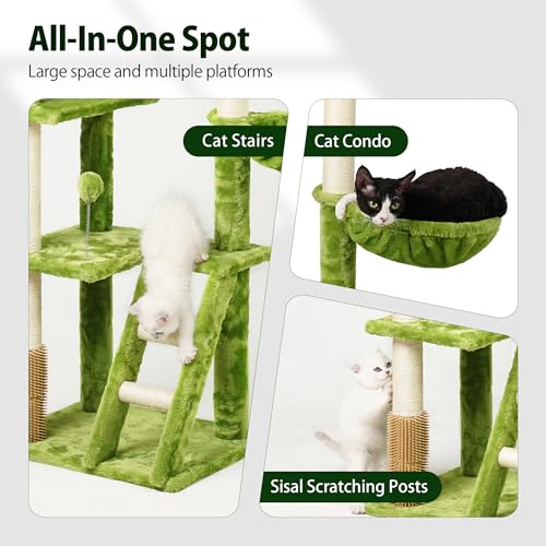 77in Cat Tree with Leaves for Indoor Cats Large Adult,Tall Cat Tower with Scratching Post, Large Cat Tree with Two Cat Condos, Soft Hammocks