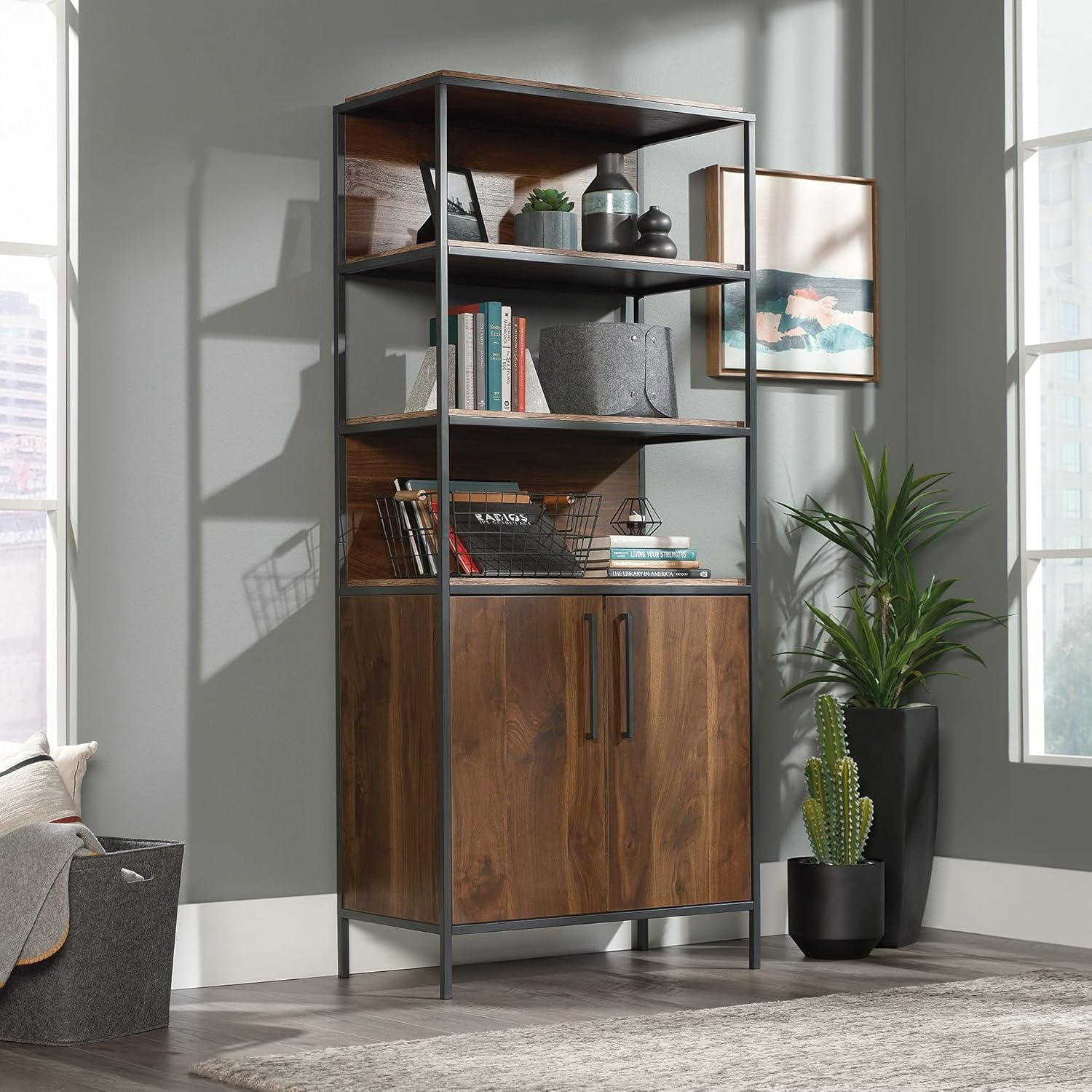 Sauder Nova Loft Bookcase with Doors, L: 33.07 x W: 17.32 x H: 75.98, Grand Walnut Finish