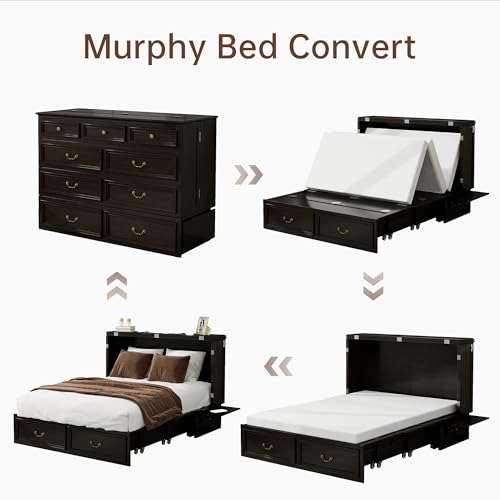 Murphy Bed Cabinet Full, Solid Wood Murphy Bed with 2 USB & 2 Charging Ports, Large Storage Drawer for Home Office or Small Space
