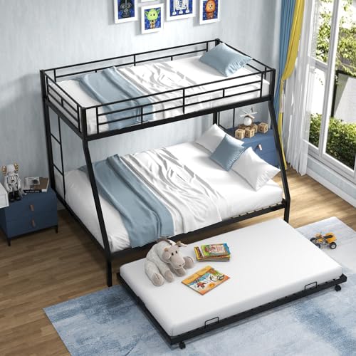 KOMFOTT Twin Over Full Bunk Bed with Trundle, Heavy-Duty Metal Bunk Bed Frame with Guardrail & 2 Ladders, Space-Saving Bunk Bed for Kids/Teens/Adults