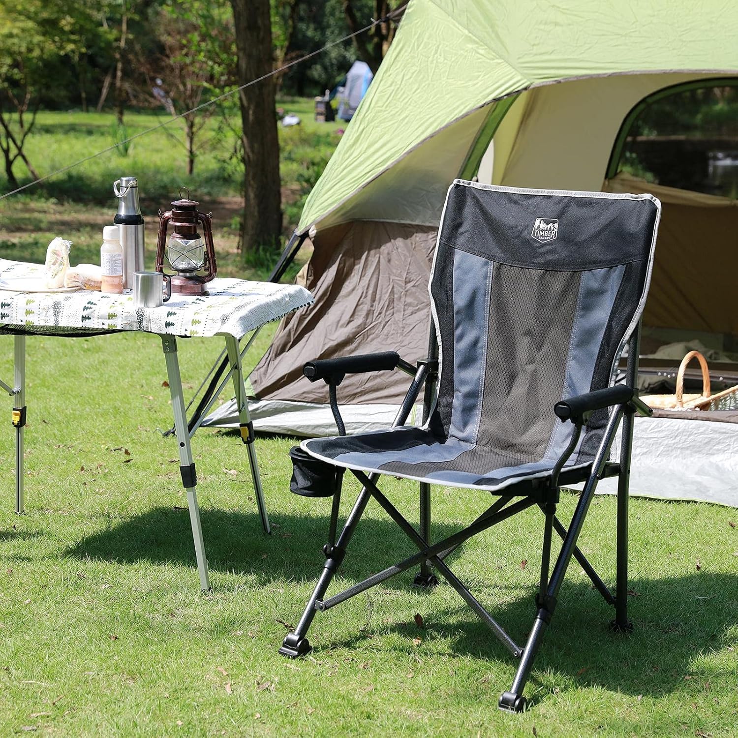 TIMBER RIDGE Folding Camping Chair with Padded Hard Armrest and Cup Holder-for Outdoor, Camp, Fishing, Hiking, Lawn, Including Carry Bag (Black)