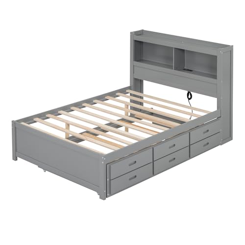 Full Size Storage Bed with Bookcase Headboard and Trundle, Wood Platform Bed Frame with Charging Station