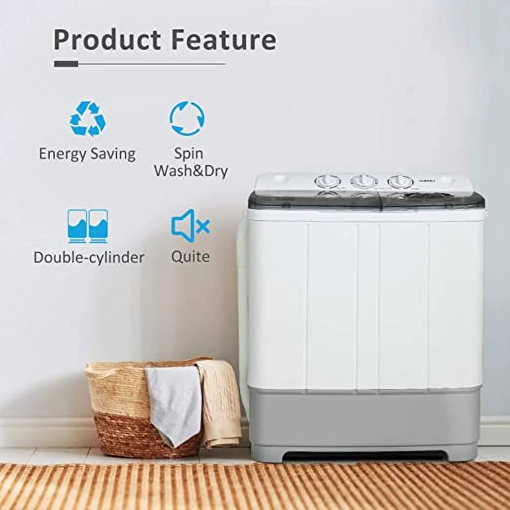 KUPPET Washing Machine, 21Ibs Portable Mini Compact Twin Tub Washer Spin Dryer, Ideal for Dorms, Apartments, RVs, Camping etc, White & Grey