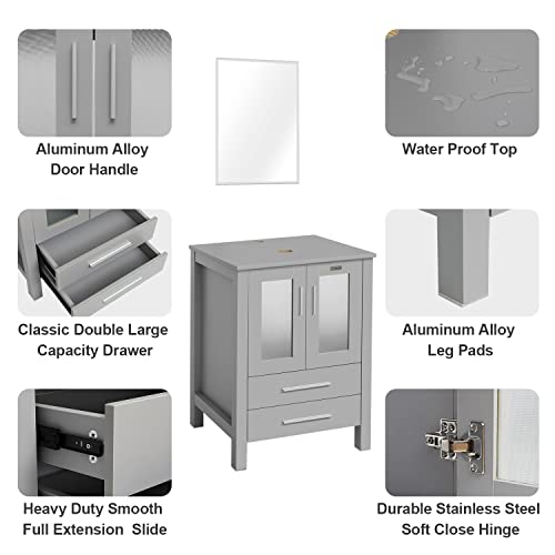 eclife 24" Bathroom Vanity Sink Combo Grey Stand Cabinet Set with Mirror (24-B02GY)