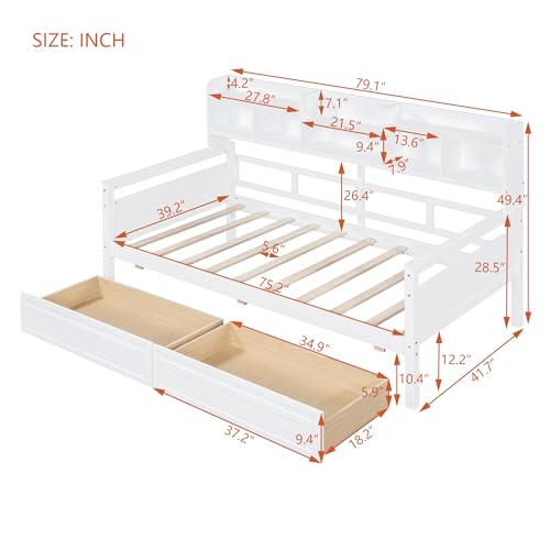 WADRI Multi-Functional Twin Size Daybed with Bedside Shelf and 2 Storage Drawers