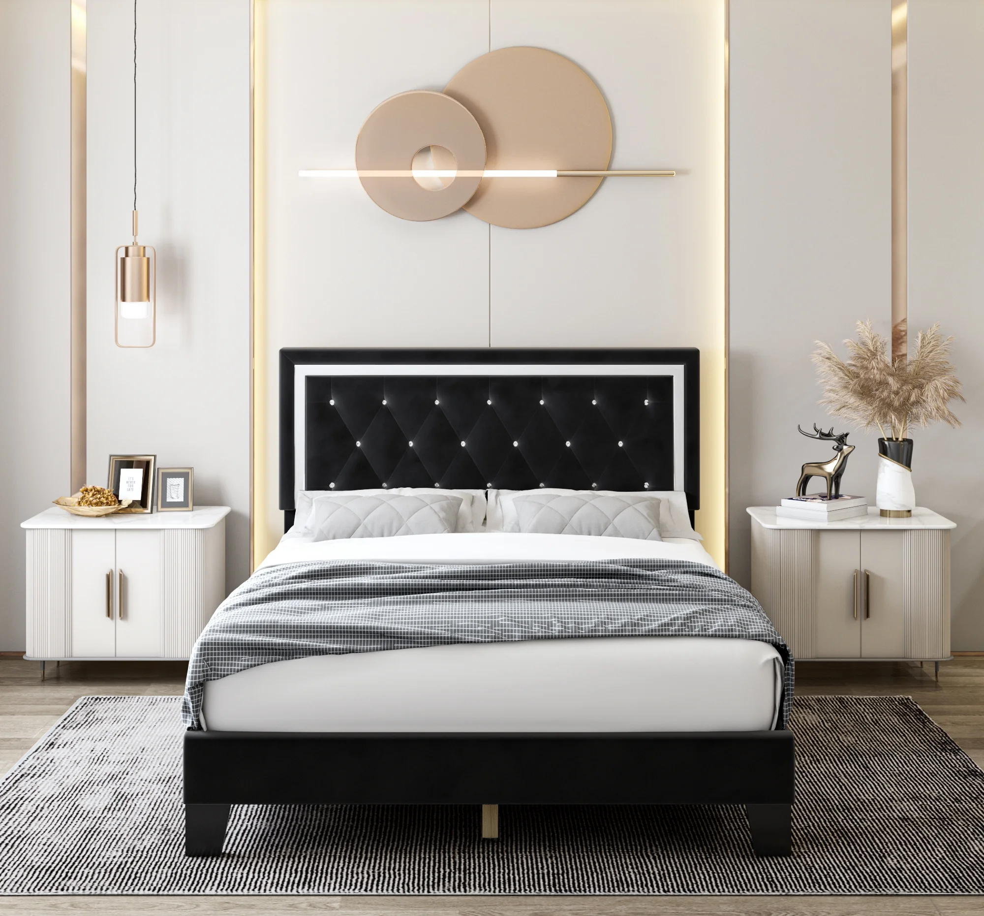 Homfa Queen Size Bed Frame with Adjustable Headboard, Diamond Tufted Upholstered Platform Bed, Black