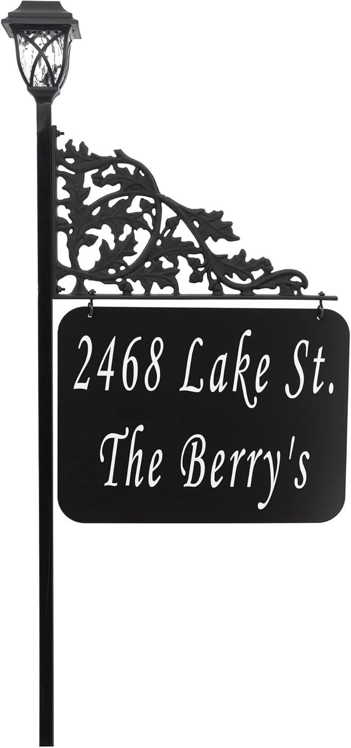 Address America USA Handcrafted Oak XL Reflective Address Sign with Solar Light - Double-Sided 2-Line Plate - Easy to Read Day and Night - 58 Pole