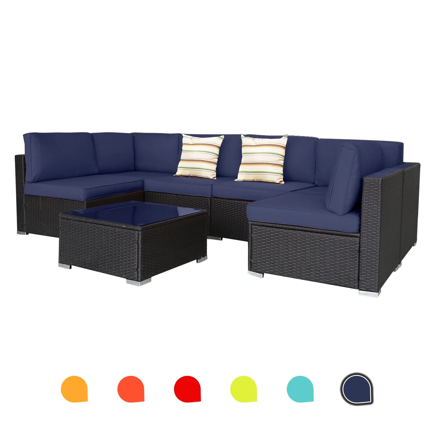 Outdoor Garden Terrace Blue Sofa Set of 7, PE Rattan and Small Yard Recreational Conversation Set with Cushions from EXCITED WORK