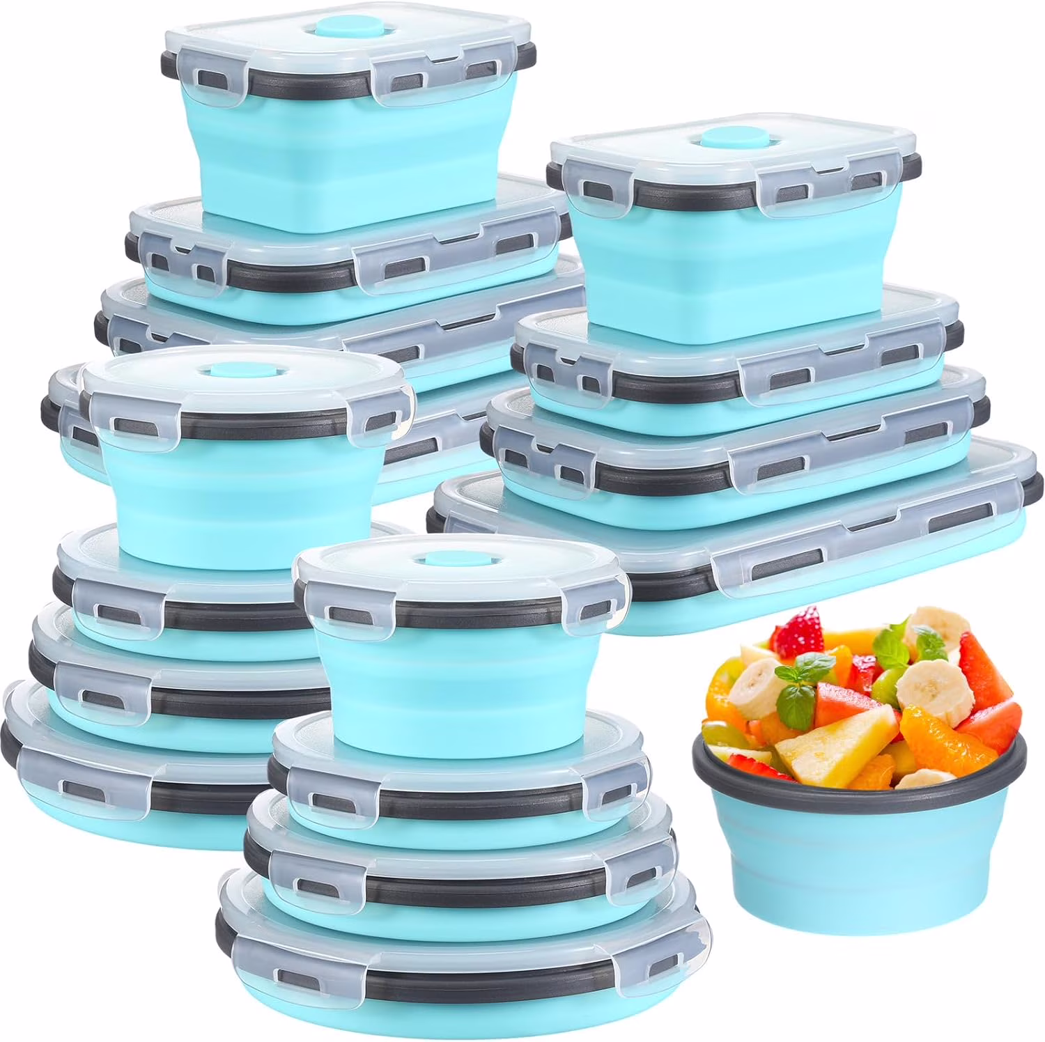 16 Pack Collapsible Food Storage Containers with Lid 8 P cs Rectangle Storage Bowl and 8 P cs Round Silicone Food Bow for Lunch Accessories Microwave