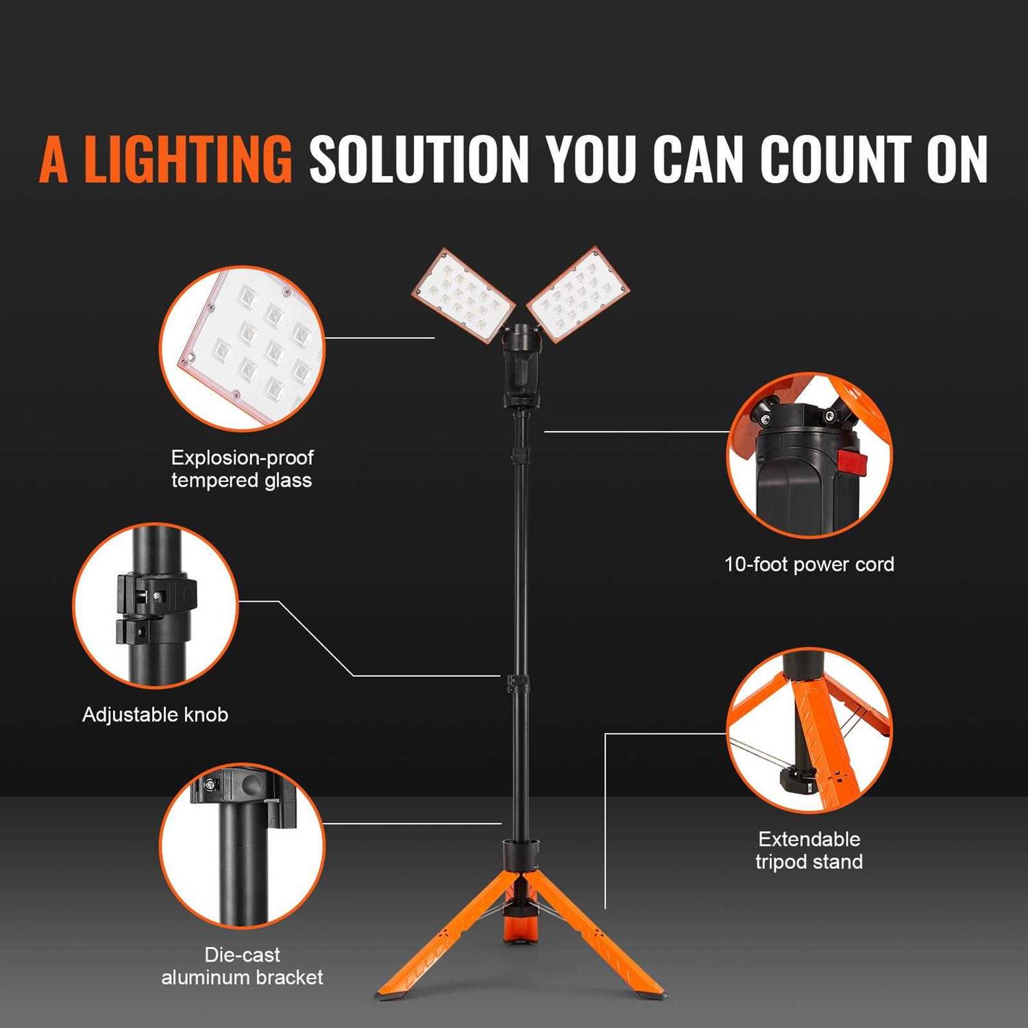 VEVOR Led Work Light 2500 lm Jobsite Light 27.6 in. to 70 in. Adjustable with Foldable Tripod Stand Wireless Remote Control