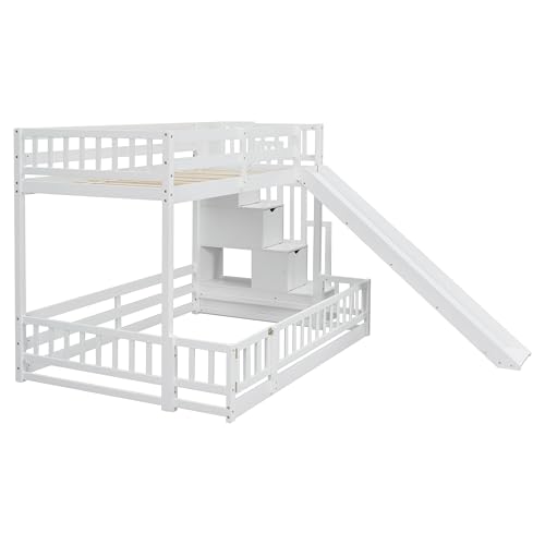 Twin Over Full Bunk Bed - Modern Wooden Floor Bunk Bed with Slide, Storage Staircase & Safety Fence Guardrails