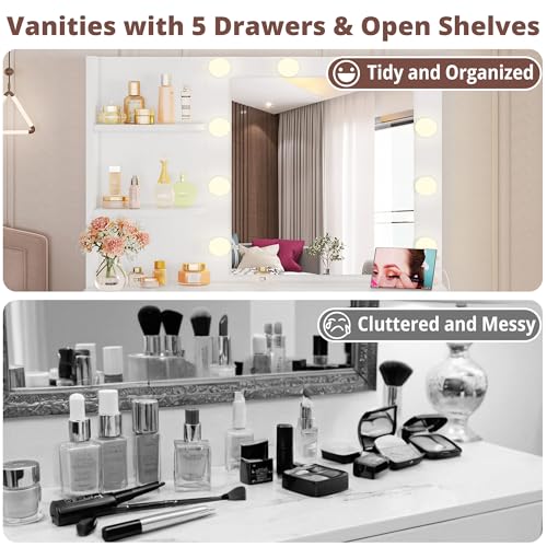 IRONCK Vanity Desk with Mirror and Lights, Small Makeup Vanity Table with 5 Drawers, Power Outlet, and Vanity Stool, 3 Lighting Colors