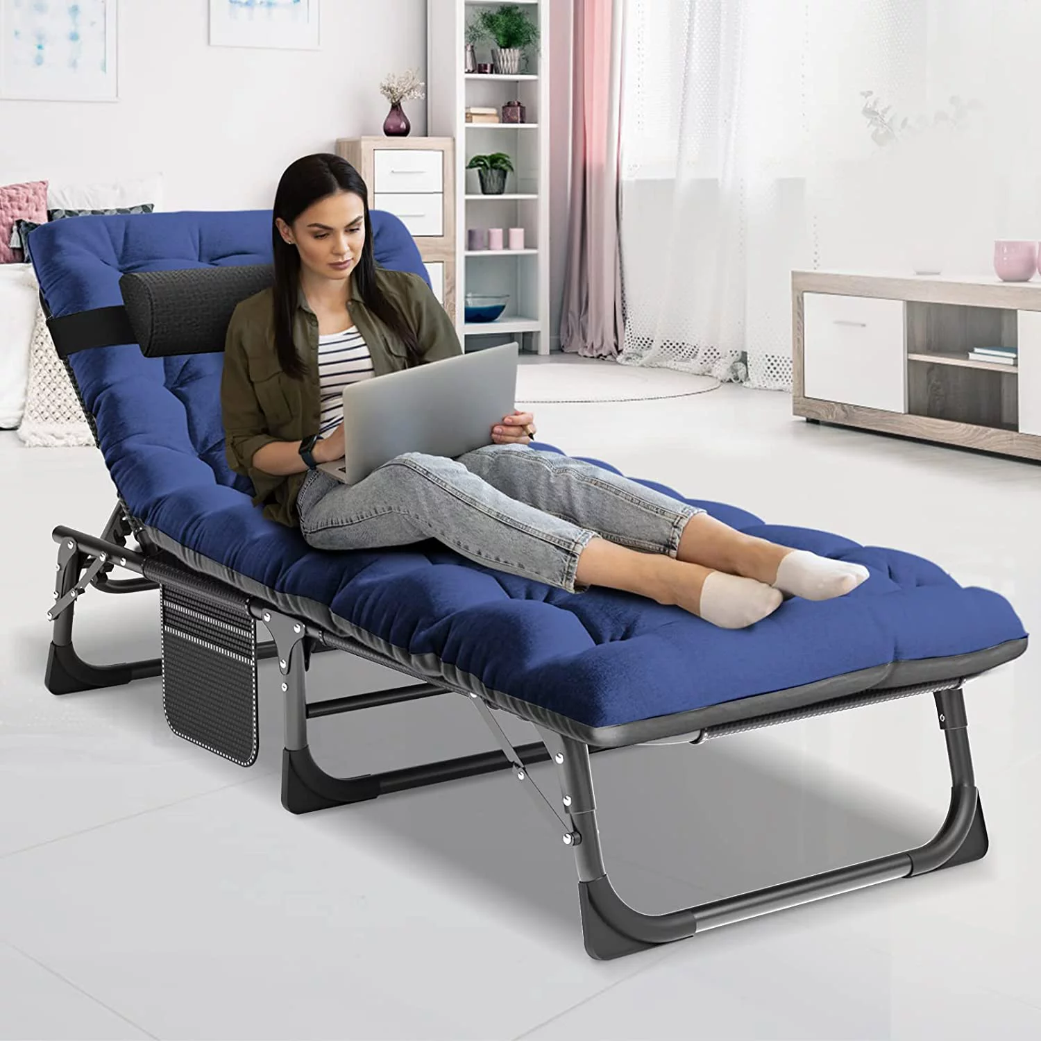 Lilypelle Camping Cot, Adjustable 4-Position Adults Reclining folding Chaise with Pillow, Outdoor portable Lounge Chair Sleeping Cots Bed