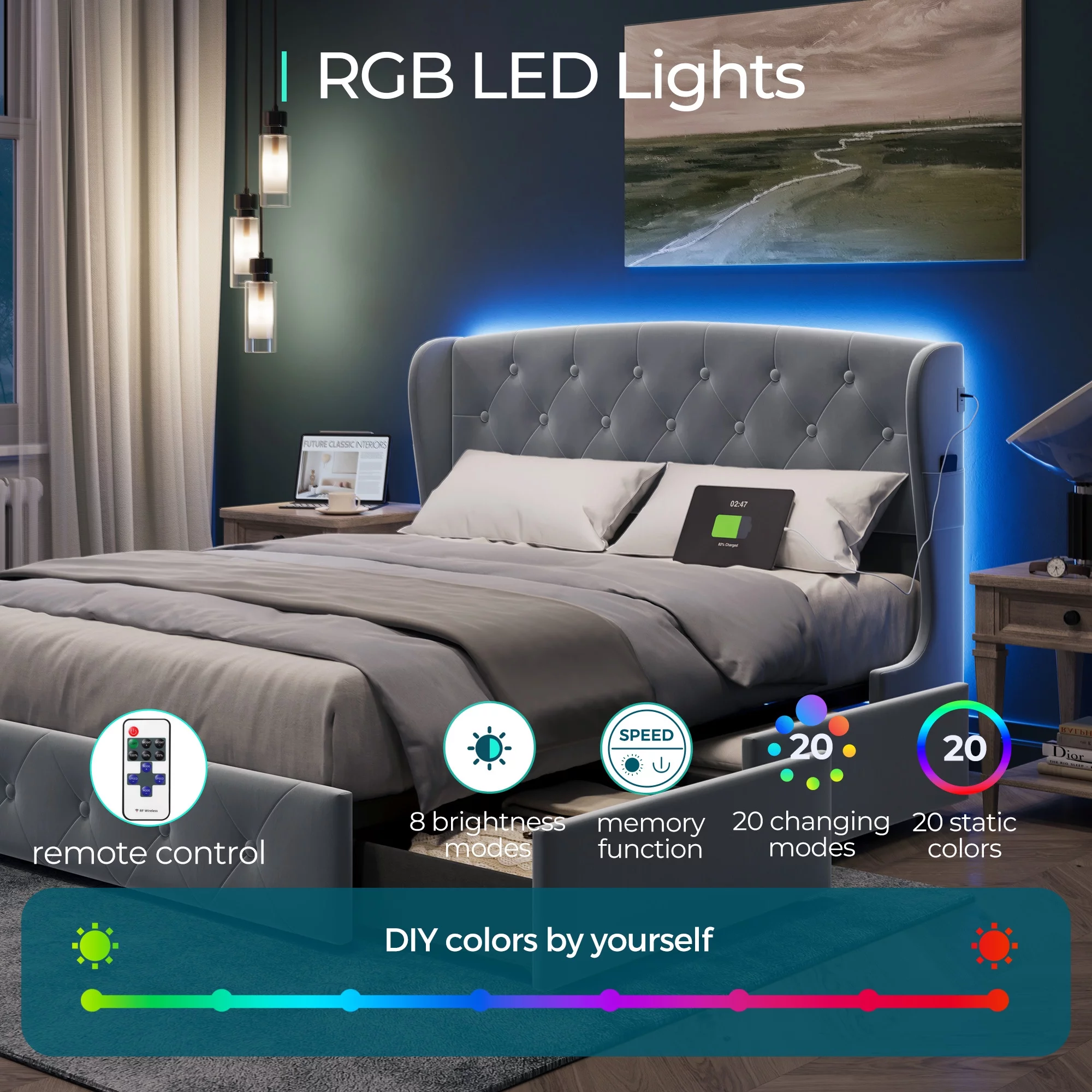 Linsy Home Upholstered Full Size Platform Bed Frame with Headboard and 4 Storage Drawers, Storage Bed with Remote RGB Lights & Fast Charger