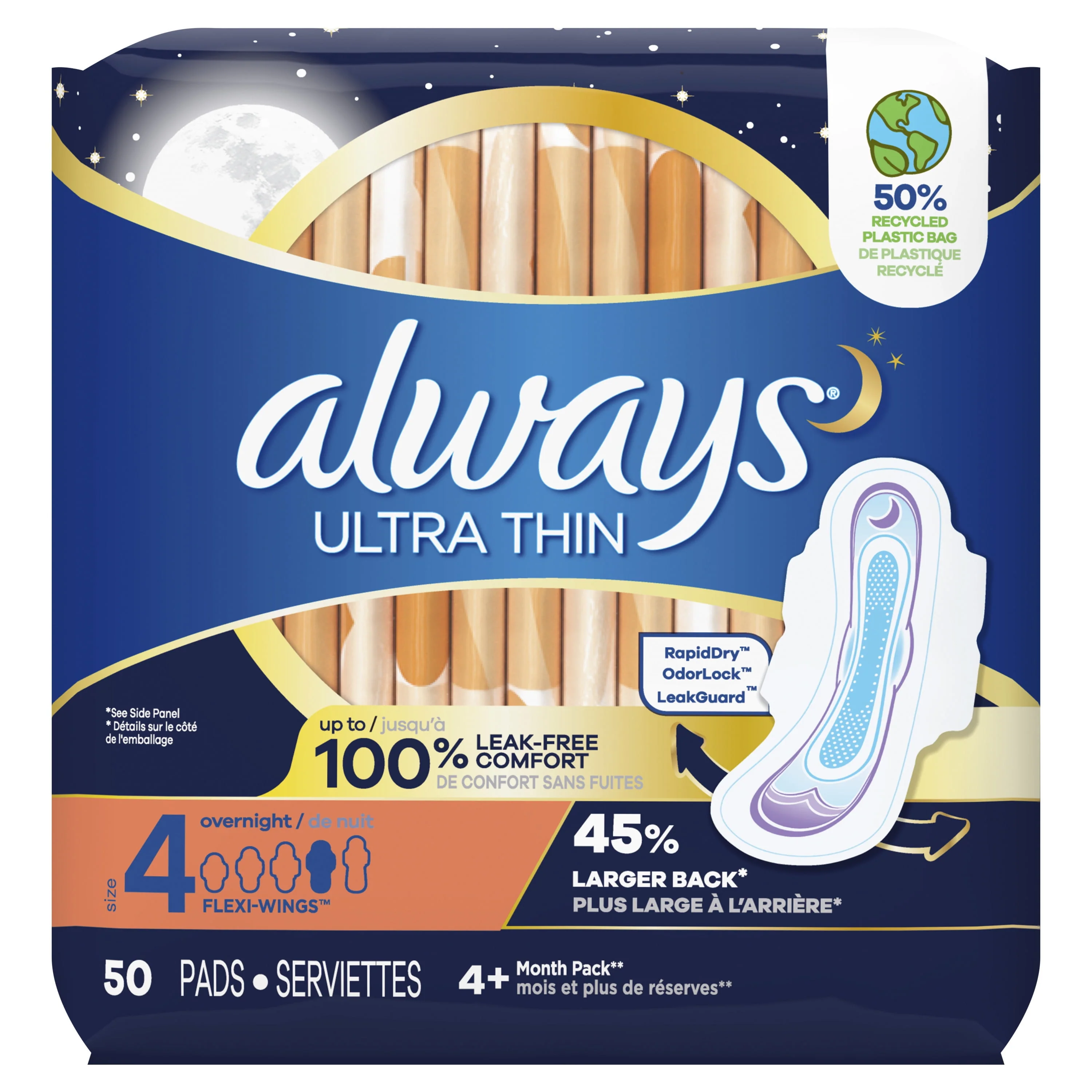 Always Ultra Thin Overnight Pads with Wings, Size 4, Overnight Absorbency, 36 Count
