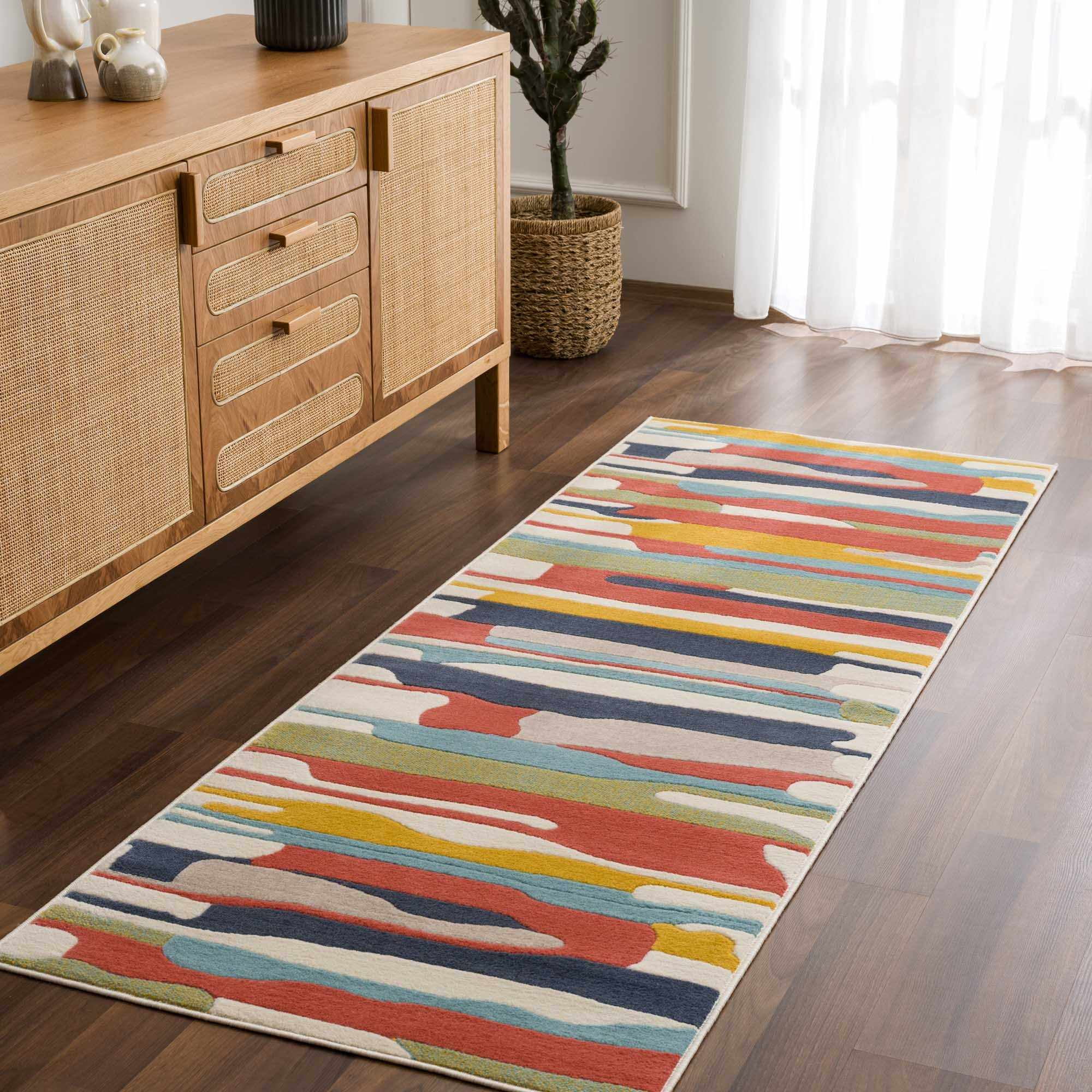Southfields Modern Farmhouse Contemporary Living Room Bedroom Kids Room Multicolor Area Rug - Colorful Rainbow Striped Modern Rug Carpet - Red