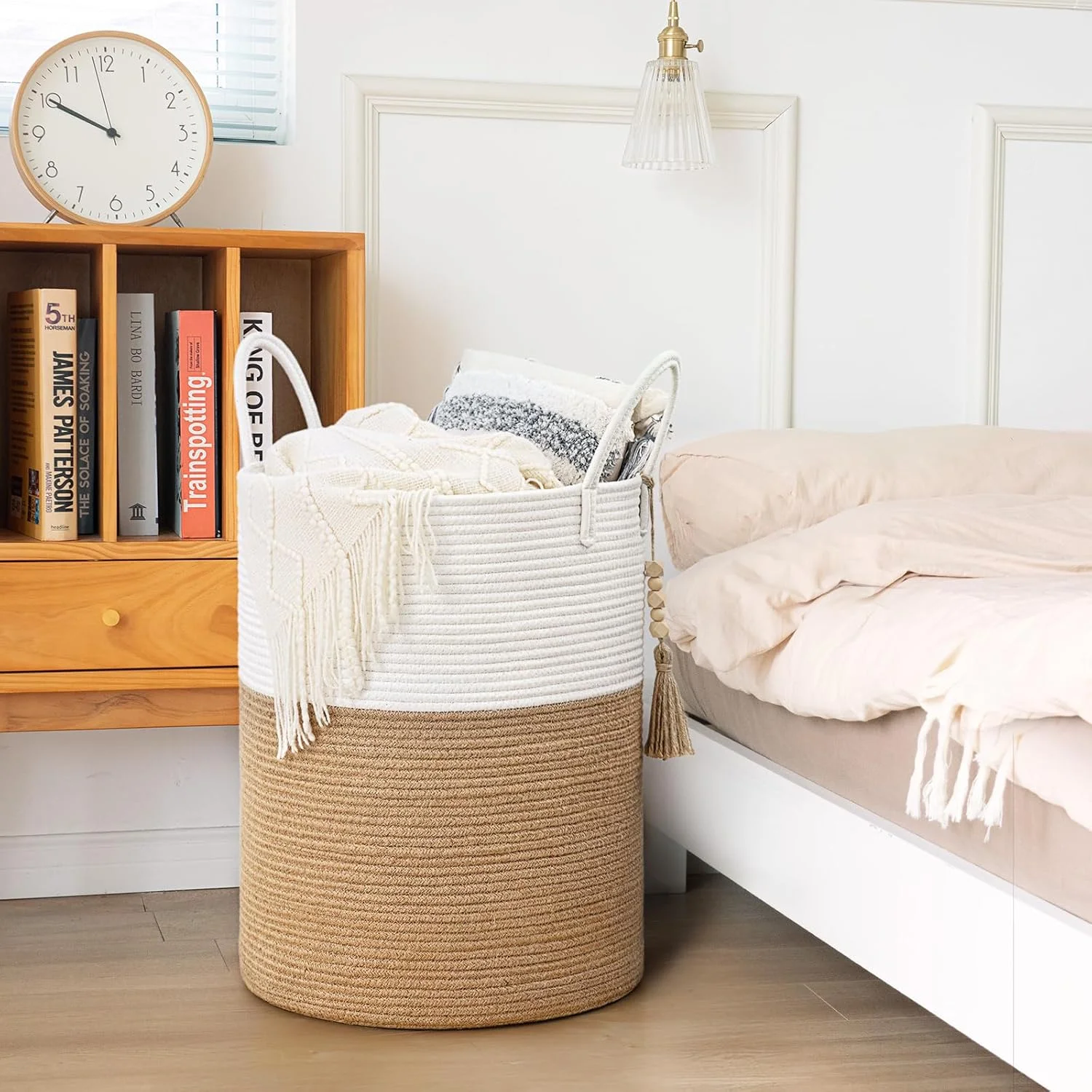 Large Laundry Basket Decorative White Basket for Blankets, Baby Storage Basket for Nursery, Living Room, Bedroom, Big Rope Hamper 17.7 x 12.6 Inches