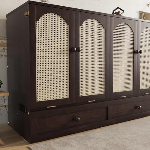 Queen Size Farmhouse Murphy Bed Cabinet with Charging Station, Foldable Platform Bed Frame with 2 Storage Drawers