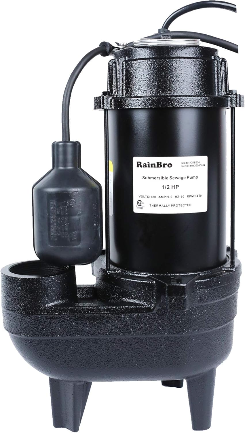 RainBro 1/2 HP Cast iron submersible sewage pump with 10 ft. piggy back tether float switch，Model# CSE050